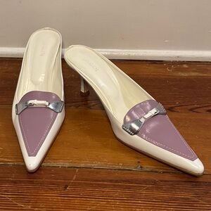 White and Lilac Pointed-Toe Mule Heels with Silver Accent